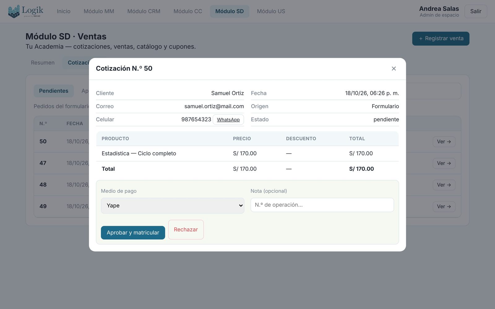 Panel de Logik para aprobar pagos y ver las ventas de la academia